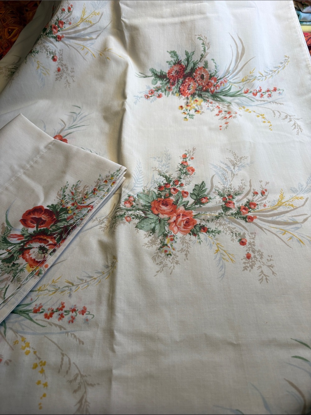 Vintage Cream Floral set of 2 pillowcases with Coral Rose Bouquet. FF